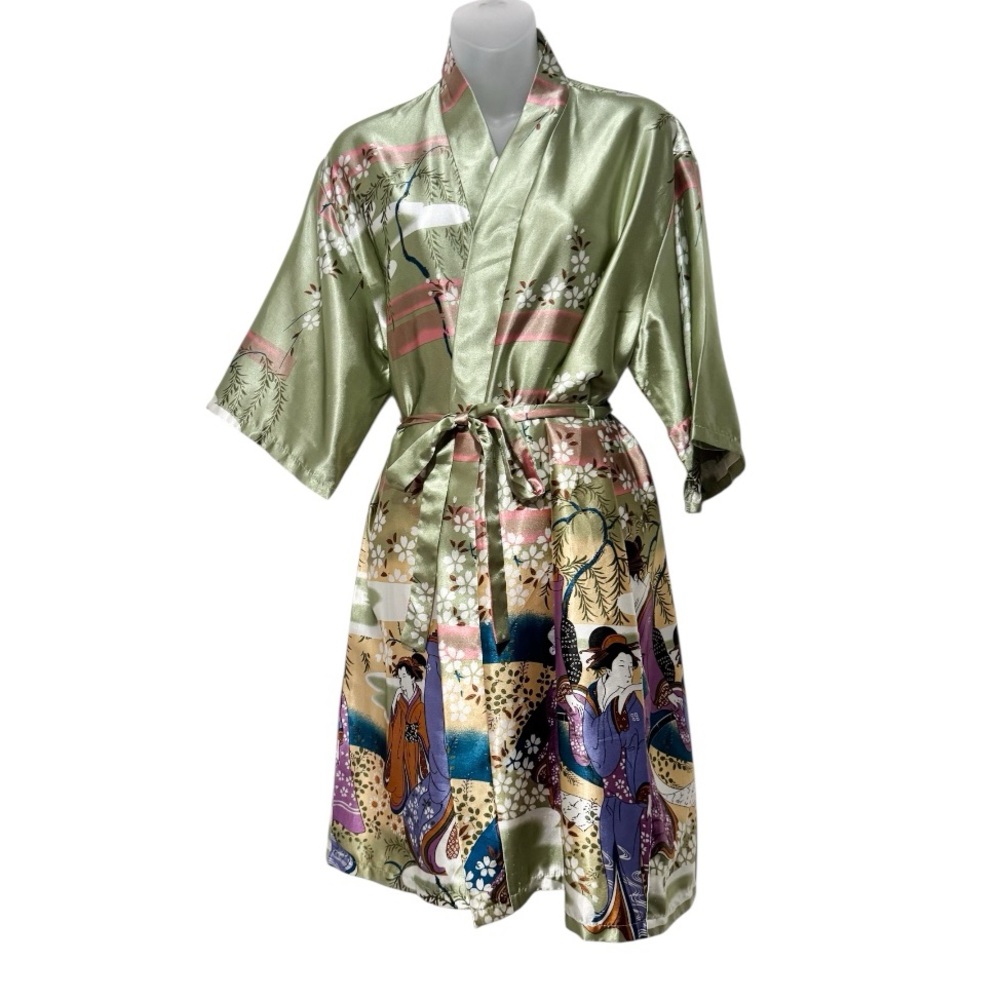 Green Silk Short/Midi Robe with Beautiful Asian print or Coverup,